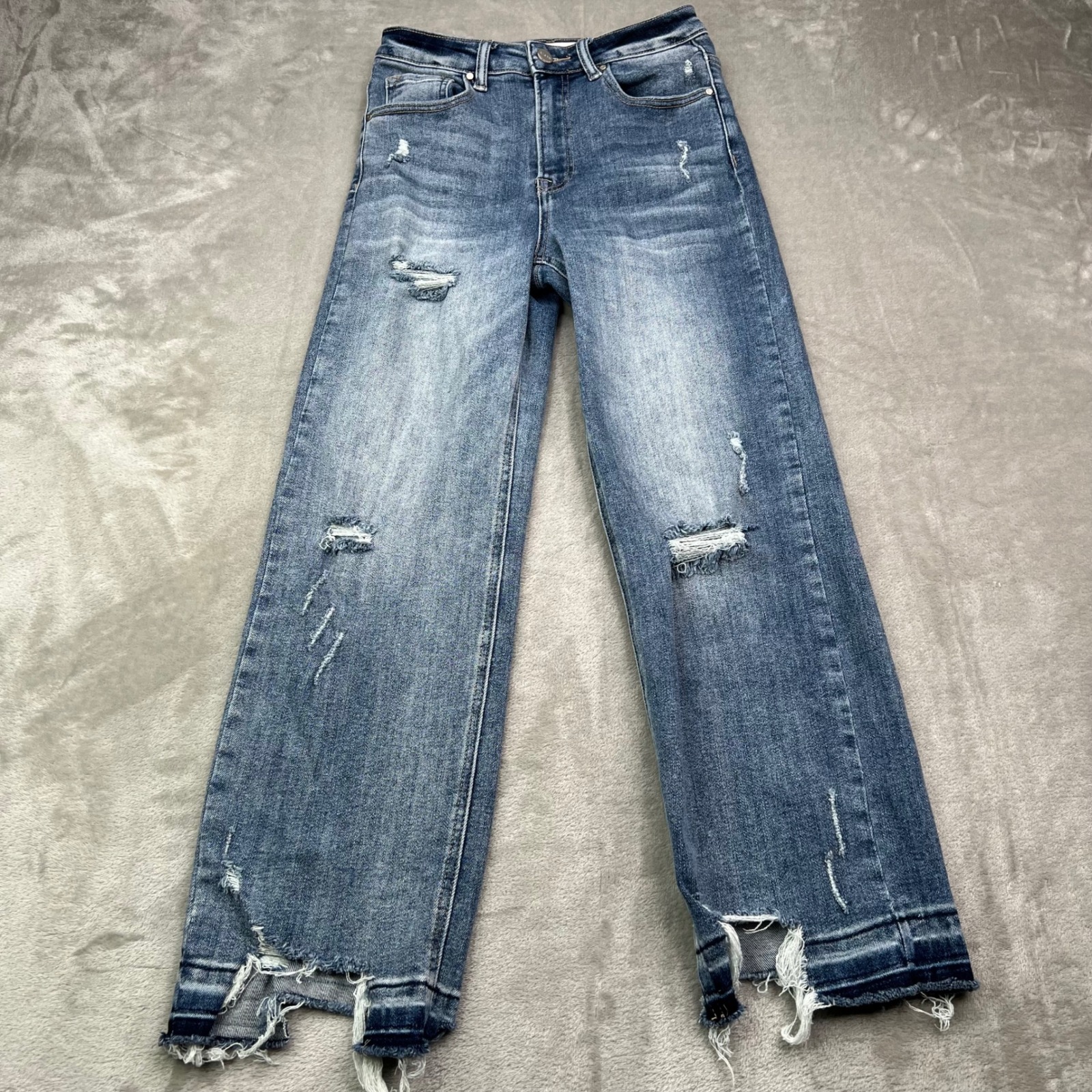 Risen Wide Leg Jeans Womens 3/26 Blue Distressed Stretch Frayed Raw Hem Denim